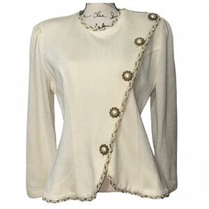 Jeffrey & Dara Vintage Cream Knit Blazer Asymmetrical Pearl Gold Trim Size 13/14